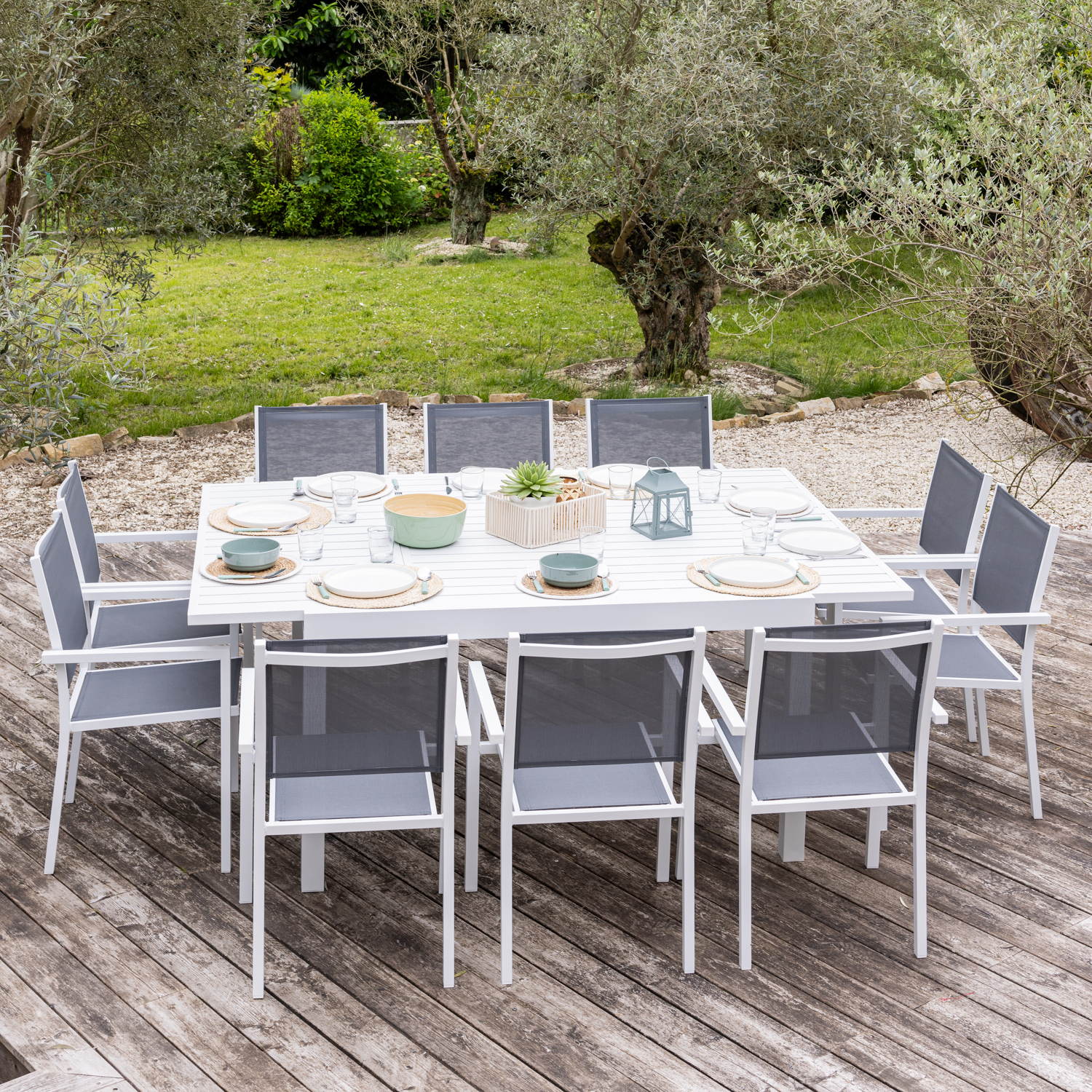 VENEZIA set di mobili da giardino estensibili in textilene grigio 140/200 - alluminio bianco